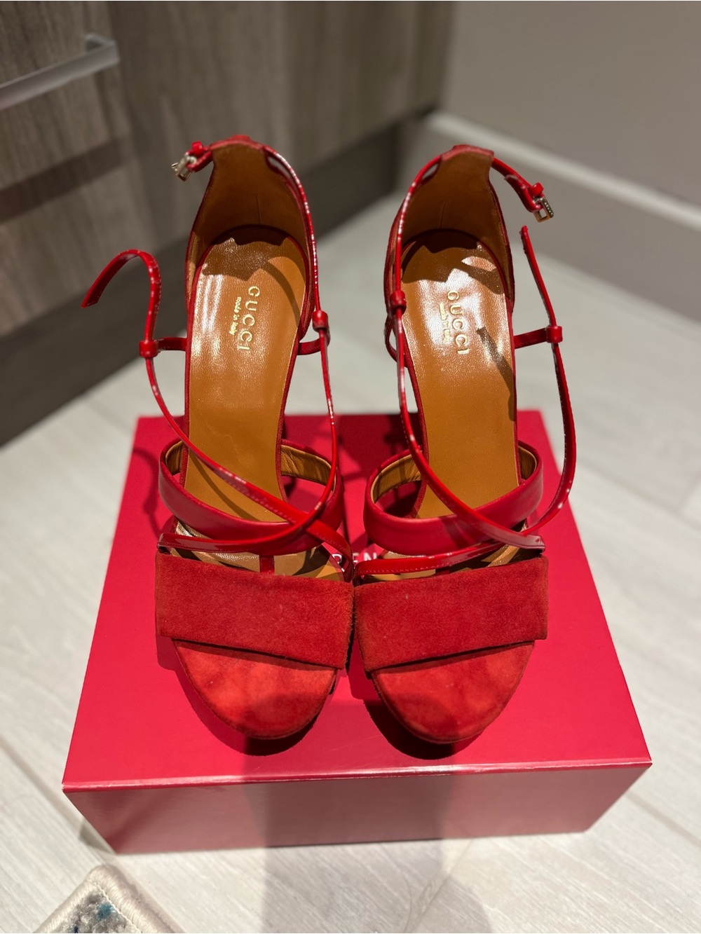 Gucci Red Suede & Patent Leather Strappy Heels